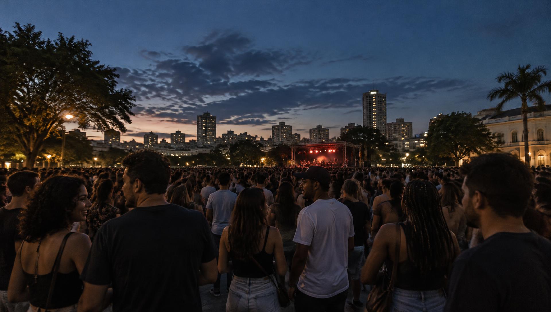 Multidão diversa reunida em uma praça ao ar livre ao anoitecer — imagem ilustrativa